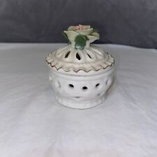 Antique Oval Porcelain Trinket Box With Intricate Painted Gold Trim picture
