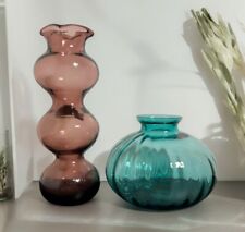 Empoli Toscany Italian Vase Pair 8” Amethyst Bubble And 4” Teal Round Ribbed picture