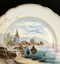 Antique  Plate Fischer Mieg Hand Painted Village Water Church Scene circa 1850s picture