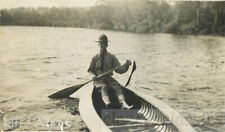 1918 Young Soldier Man Rows Canoe on Lake 