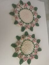 Hand Crocheted Doily Pink White Flowers Mint Leaves 12” Diameter Vintage picture