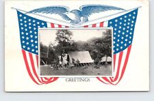 Postcard WWI Patriotic, Soldier Writes Home May,1917 Soldiers Stand Outside Tent picture