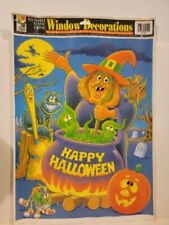 Vintage Happy Halloween Window Clings Decorations Made In USA Witch Cat Pumpkin  picture