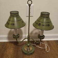 Vintage Tole Ware Tin Metal 2 Candle Lamp Double Arm Pair Avocado Green picture