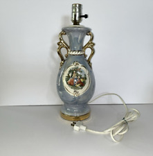 Vintage Porcelain Urn Style Lamp Base Hand Painted Blue Victorian Oval Scene picture