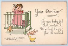 Birthday Postcard Baby Girl Playing In Rolling Crib With Toys c1910's Antique picture
