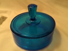 New Martinsville Art Deco  Peacock Blue Glass Vanity Powder Box No Chips 1940's picture