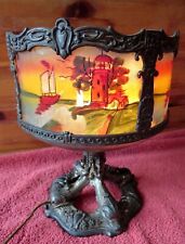 Antique Lamp Koi Fish Foot Painted ship lighthouse Vintage Spelter Bronze glass picture