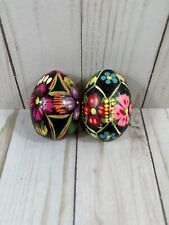 Vintage Hand Painted Wooden Black Easter Eggs Polish Ukrainian Set Of 2 picture