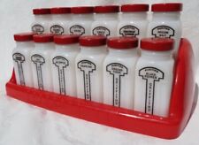 Vintage 40s GRIFFITHS’ Set of 12 Milk Glass Spice Jars Red Plastic Rack Stand picture