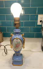 Leviton Ceramic Table Lamp Vintage 1950s Blue with Floral Decal Gold Trim 12