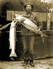 1914 Fisherman with Two Large Salmon Fish Vintage Old Photo 8.5