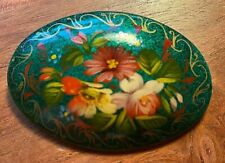 Vintage Russian Lacquer Green Hand Painted Flower Brooch Pin Signed 2