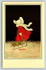 Sunbonnet Replica Postcard January, Kid In Red Dress & Sleigh, Hong Kong Print picture
