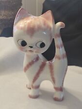 Vintage Japanese Ceramic Large-Eyed Cat Bank Pink & White picture