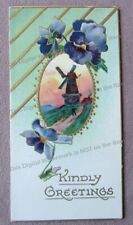 1910s XMAS Greetings Card Windmill Pansies Raphael Tuck Embossed Burnside Poem picture