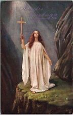 c1910s EASTER GREETINGS Postcard Woman in White Gown with Cross TUCK'S Oilette picture