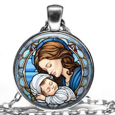 Faux Stained Glass Baby Jesus Mary Religious Pendant Necklace Gift 24