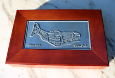 Roxana Leask Alaskan Art Salmon And Eagle Pewter Lid And Red Wooden Box picture