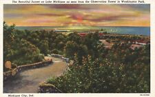 Postcard IN Michigan City Sunset Washington Park Observation Tower 1938 PC H4880 picture