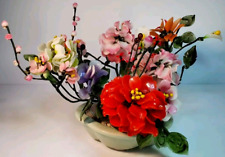 Art Glass Flower Arrangement w/Base & Wired Flowers Blossoms Leaves Vintage MCM picture