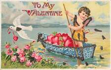 Vintage 1900s Postcard Valentines Day Cupid In Boat Cartoon Glitter AG & Co picture