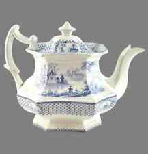 Antique Blue Transfer Ware Tea Pot with English Scene 8 Cups picture