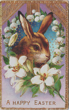 Vintage Post Card A Happy Easter EMBOSSED Rabbit with Flowers 1912 Posted picture