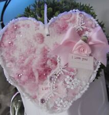 Shabby Chic Pink Roses Victorian Cherub Angel Glitter Love Heart Ornament picture