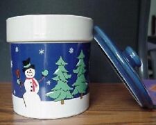 Snowman Blue Crock with Lid Ceramic 2 Piece Set Candy Potpourri Candle Jar picture