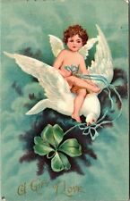 u/s Clapsaddle IAP Cupid Angel on White Dove w/ Clover very early Valentine pc picture