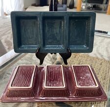 VTG MCM SET OF 2 POTTERY TEAL & PLUM DIVIDED 3 COMPARTMENTS APPETIZERS DISHES picture