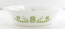 Glasbake White Glass Green Daisy Flower Casserole Dish 1 Quart Oval J235 Vintage picture