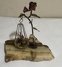 Vintage MCM Metal Copper Flower Sculpture Stone Bird Cage Hand Crafted Rare picture