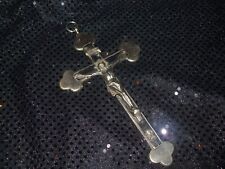 Antique Crucifix Metal Ebony Inlaid Pectoral 8 Inch INRI Skull Crossbones- Heavy picture