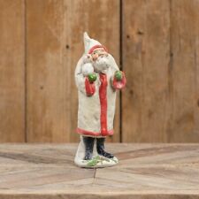 Primitive Whimsical Ivory & Glitter Santa Claus Figure with Snowman 10.25