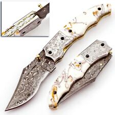 Custom HAND FORGED Damascus Steel Hunting Folding Resin Handled Pocket Knife5985 picture