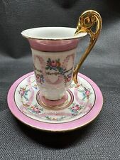 Antique KPM Porcelain Cup & Saucer, Pink Floral Ribbon Design,W/Gold Cup As Is. picture