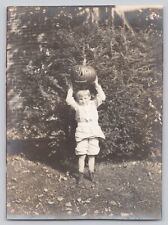 Found Halloween Photo Boy Jack O'Lantern JOL On Head Holiday circa 1920s picture