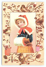 Antique Scrap Victorian Art Card Young Girl with Muff (Hand warmer) Vintage picture