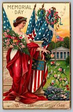 Postcard Memorial Day Lady Liberty Red US Flags Shield picture
