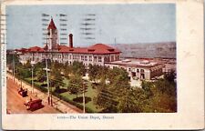 Denver CO Union Depot Baggage Carts Clock Tower Trains Undivided Back Postcard  picture