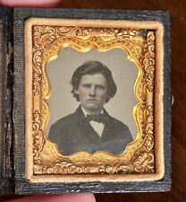 ANTIQUE 1850'S HANDSOME MAN GOLD ORNATE LEATHER EMBOSSED CIVAL WAR DAGUERREOTYPE picture