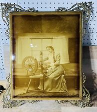 Antique Gold Metal Ornate Frame Young Woman Spinning Wheel Photo 21”x24 7/8” picture