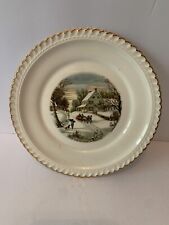 Vtg Harkerware Currier & Ives The Homestead In Winter 6” Plate Cream With Gold picture
