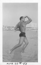 1953 Sexy Buff Muscle Man Beach Snapshot Photo Weightlifting Gay Int. Flexing -2 picture