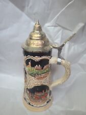 Vintage German Ceramic Beer Stein Pewter Lid Munchen, Wiesbadan No. 0003, 11.75