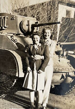 Vintage Snapshot Two Women Posing by Military Tank Louise & Girl Friend picture