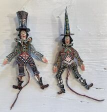 2 Vtg  Ornate Painted Wood Double-Sided Wood Jumping Jack Clown Ornaments picture