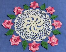 Vintage Hand Crocheted Doily, Cotton, Round, Flower & Leaf Design, White, Pink picture